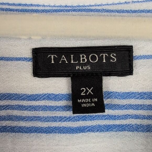 Talbots Plus Blue & White Cotton Button Front Shirt Classic Mixed Striped Top - Picture 2 of 8
